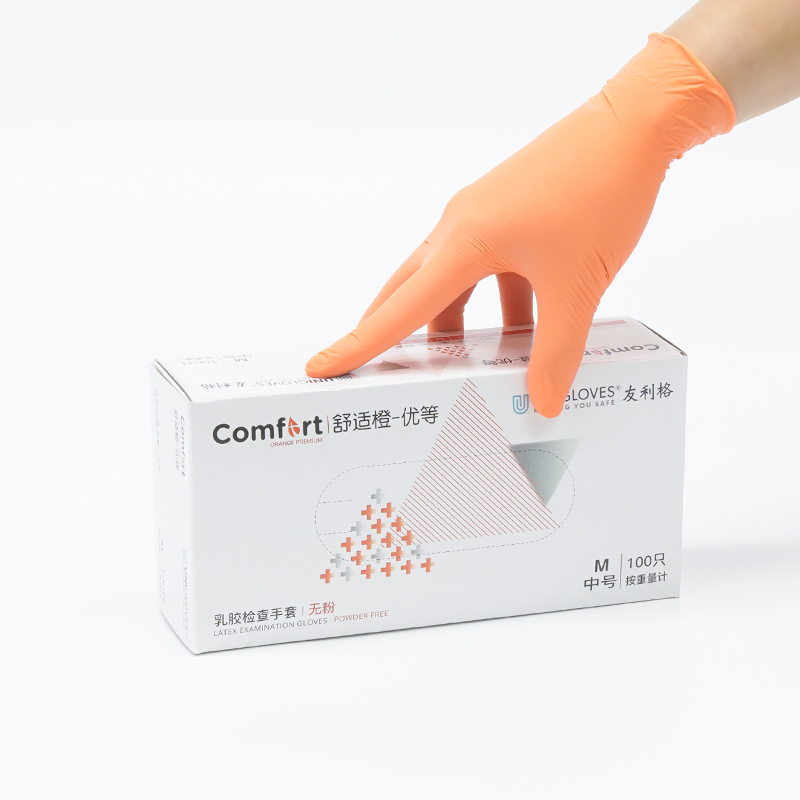 友利格舒適COMFORT U1100一次性無粉優等橙色乳膠檢查手套圖片2