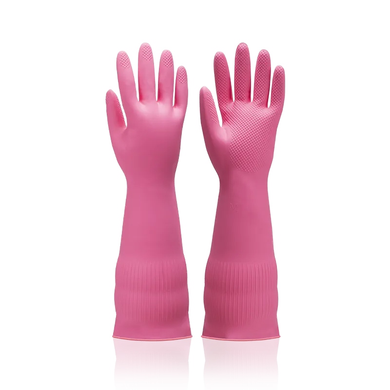 雪蓮10182P.L加長加厚型家用天然乳膠絨里卷邊袖口網格紋手套