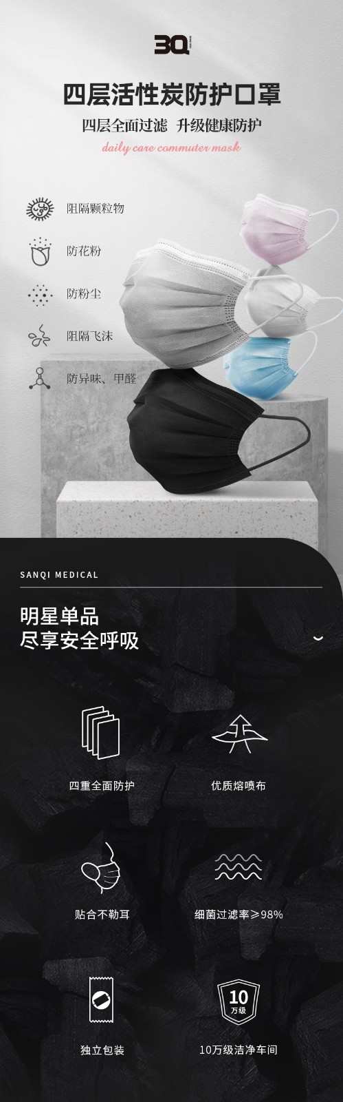 三奇一次性活性炭黑色口罩圖片1