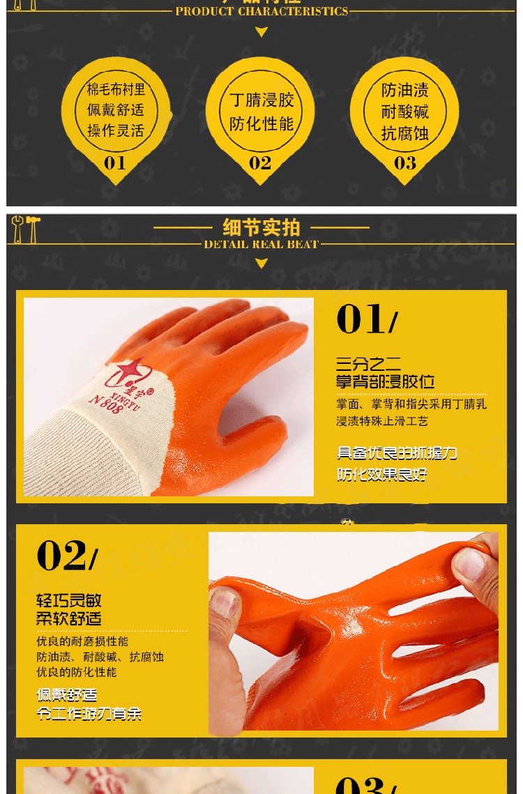星宇N808針織棉布丁腈半浸勞保手套圖片3