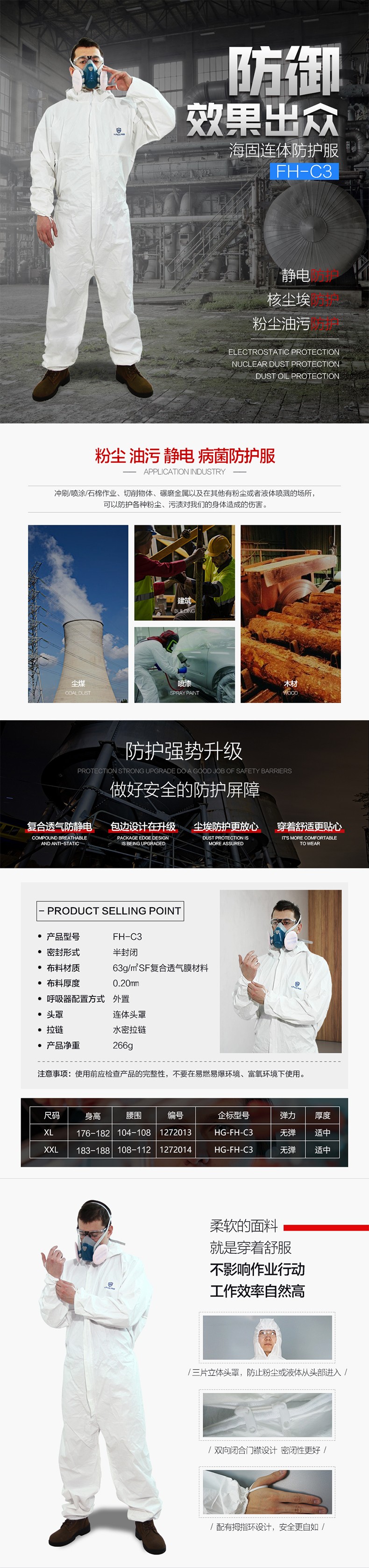 海固FH-C3優(yōu)越連體防護服 連體防粉塵、油污、靜電、病菌防護服圖片1