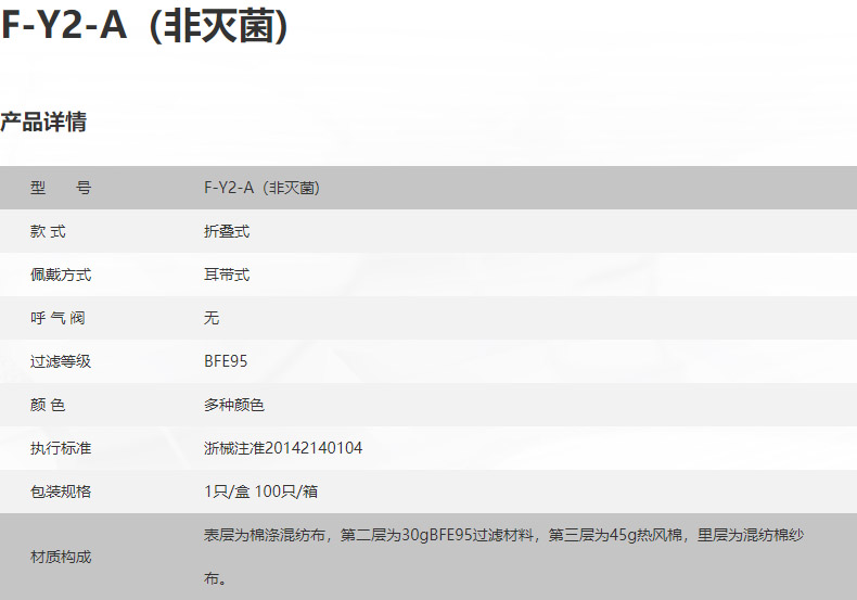 朝美9527 F-Y2-A普通醫用口罩產品參數