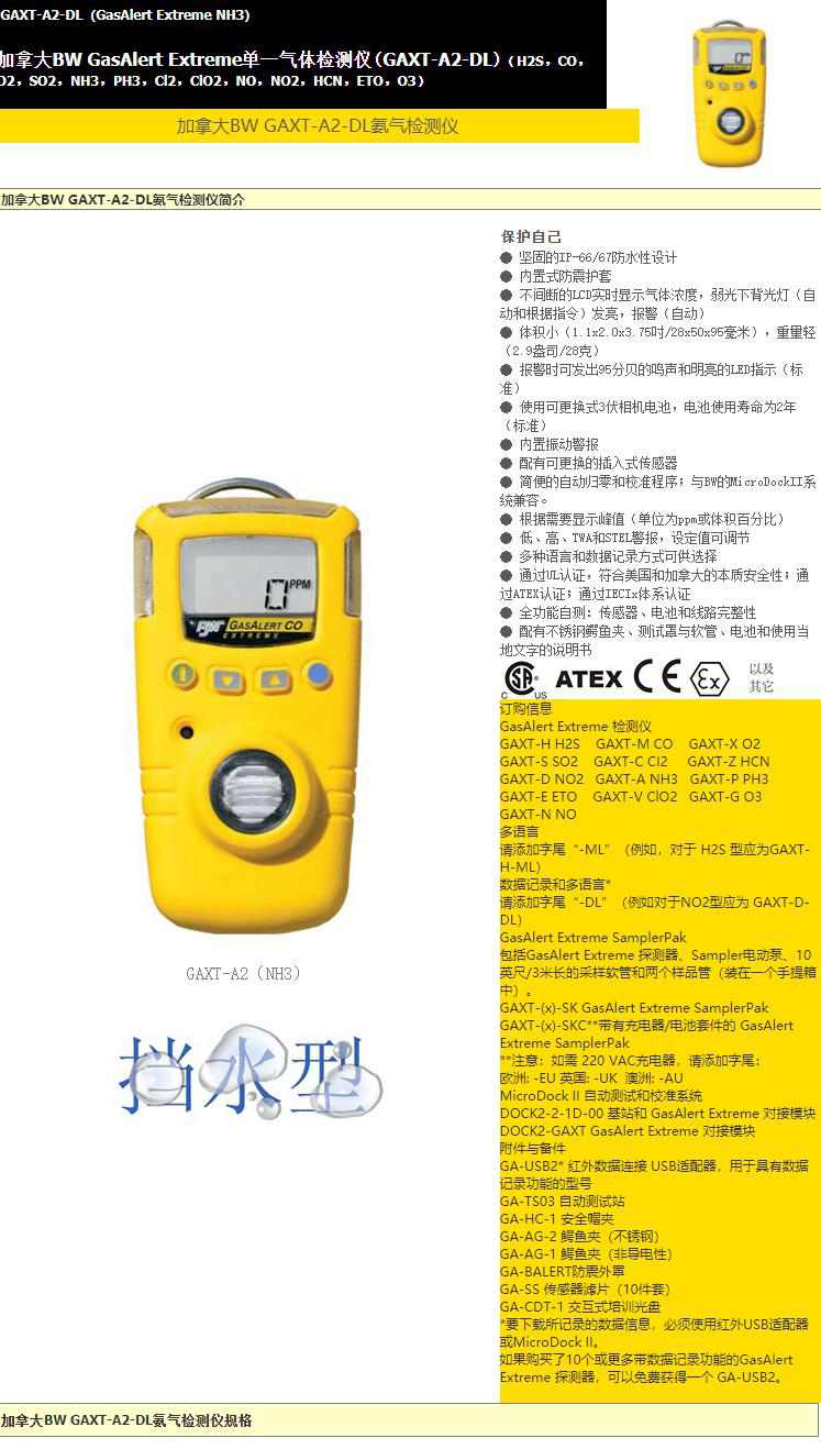 BW GAXT-A2-DL便攜式單一氨氣氣體檢測儀圖片1