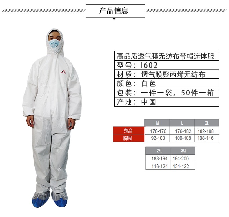 PIP I602白色帶帽連體一次性防護服圖片3