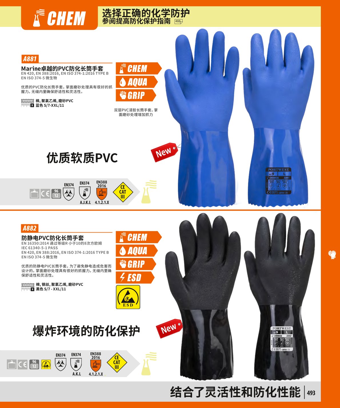 波偉斯特Portwest A882防靜電PVC長筒防化手套1