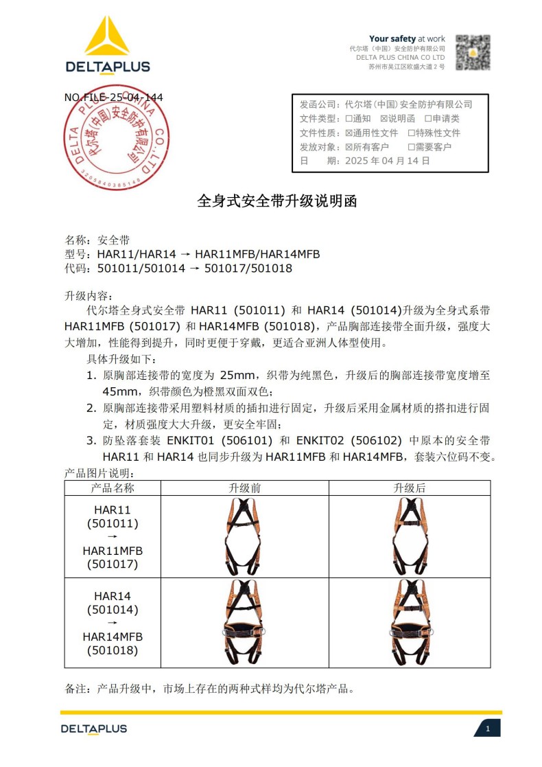 代爾塔全身式安全帶HAR11(501011) HAR14(501014)升級廠家說明函