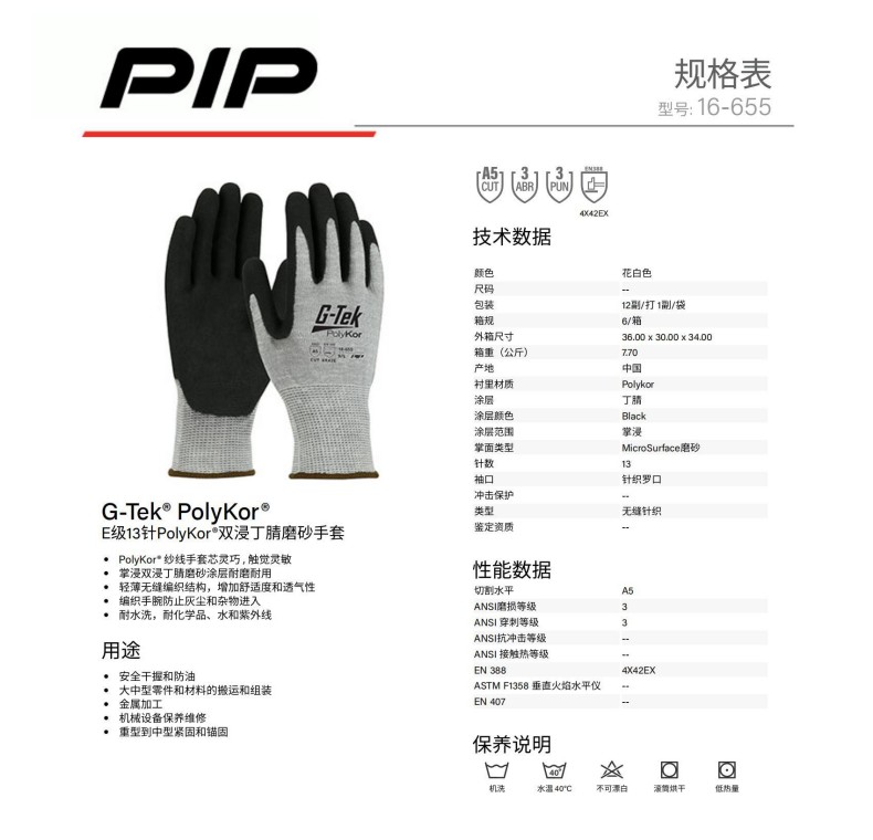 PIP 16-655 E級13針PolyKor雙浸丁腈磨砂手套