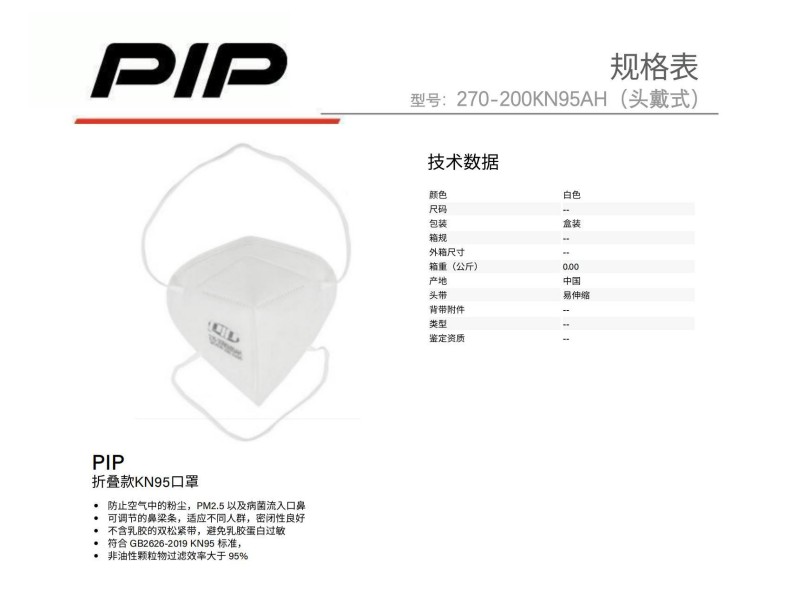 PIP 270-200KN95AH頭戴式折疊款KN95防塵口罩