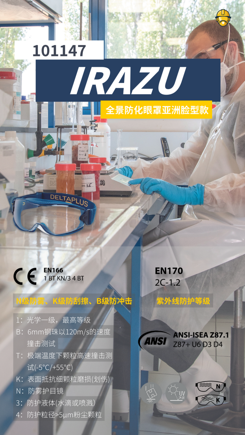 代爾塔101147 IRAZU亞洲款防霧防刮防沖擊防化護目鏡1