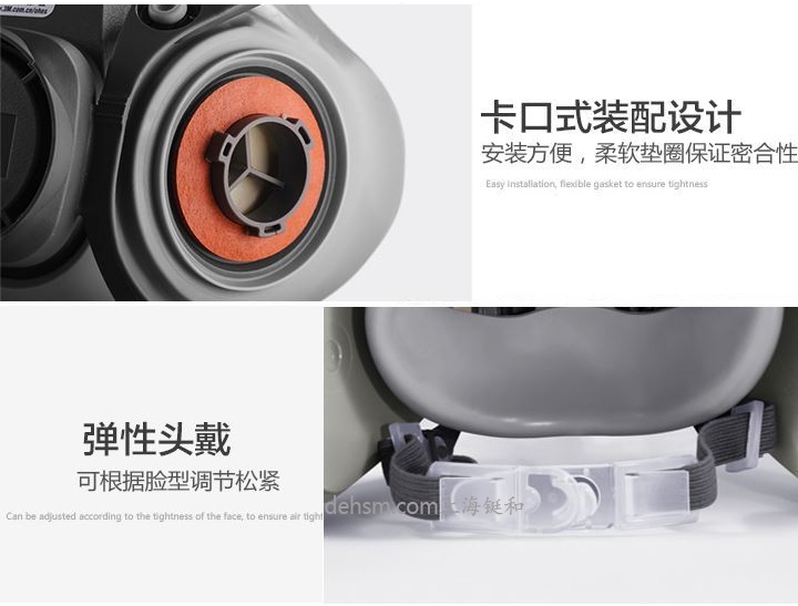 3M6200防毒半面具卡口式濾盒設計，彈性頭帶