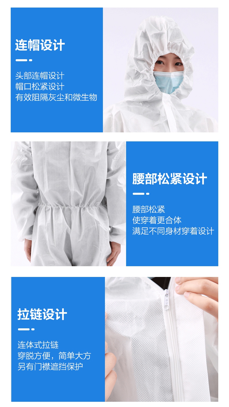 一次性使用醫(yī)用隔離衣連帽設(shè)計(jì)，要不松緊設(shè)計(jì)