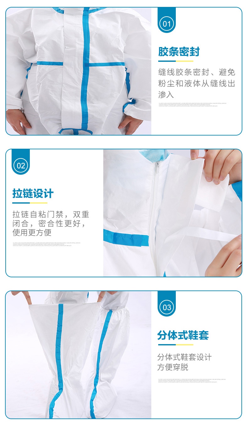 連體一次性醫用防護服膠條密封，拉鏈設計